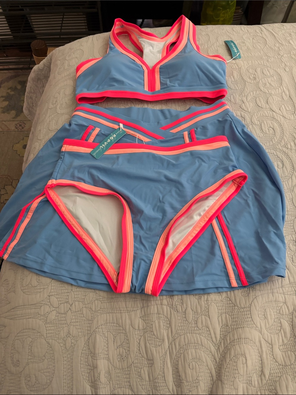 NWT PopVil 3 piece swim suit in blue, pink and orange size Medium.